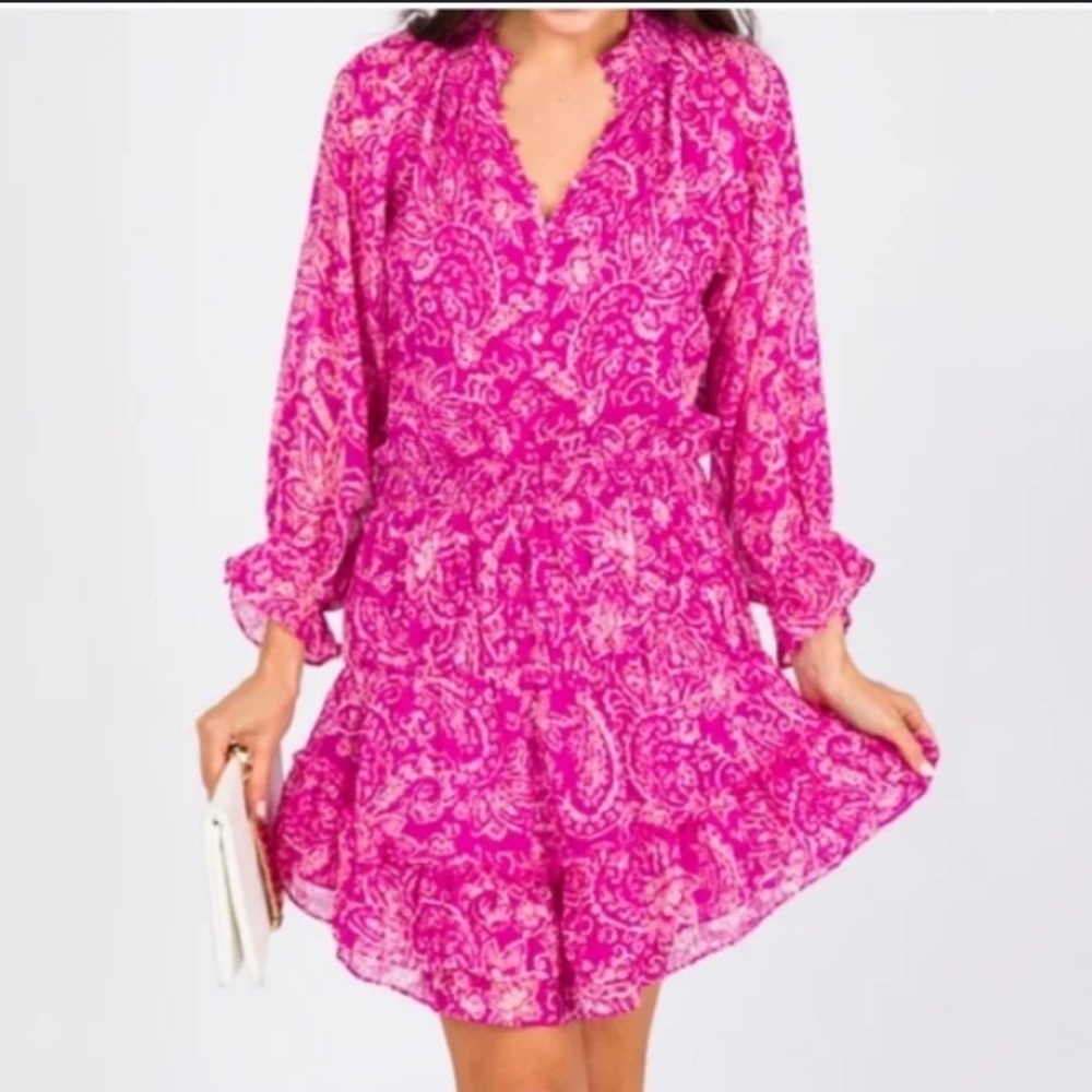 Thread essential pink fuchsia paisley long sleeve ruffle mini dress 20382